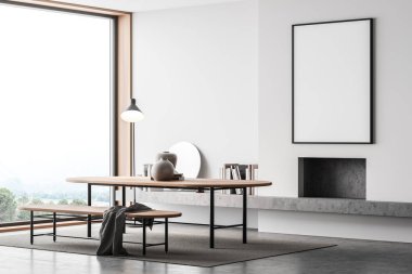Beyaz oda içi ahşap bank ve dekorasyonlu masa, beton zeminde halı. Minimalist mobilyalar ve kitaplı şömine. Boşluk çerçevesini kopyala, 3B oluşturma