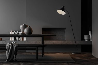 İçi siyah banklı gri oda dekorasyon ve lambayla dolu masa, parke zeminde halı. Kitaplı minimalist mobilya ve şömine, dinlenme odası, 3D görüntüleme