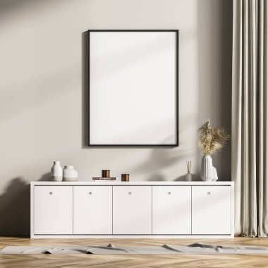 Klozetli oturma odasının modern tasarımı. Duvarı boyamak için çerçeve posteri hazırla. Şablon. 3d oluşturma