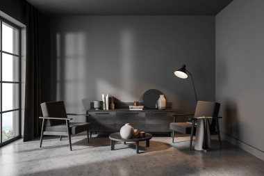 İçinde iki sandalye ve beton zemin, lamba ve pencere üzerinde sanat kitapları olan modern oturma odası. Kahve masalı minimalist dinlenme odası. Boşluk duvarını kopyala, 3B görüntüleme