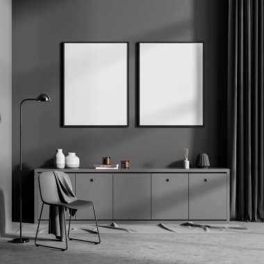 Klozetli oturma odasının modern tasarımı. Gri duvarı boyamak için iki poster hazırla. Boş sandalye. Şablon. 3d oluşturma