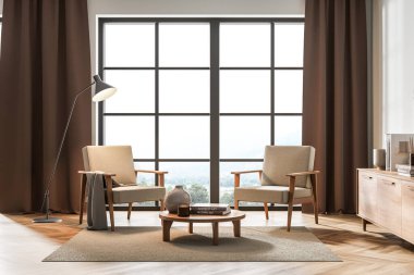 Pencerenin yanında perdeli iki sandalye ve lamba olan modern dinlenme odası, kırsal manzara. Dekorasyonlu minimalist dinlenme odası, 3 boyutlu görüntüleme