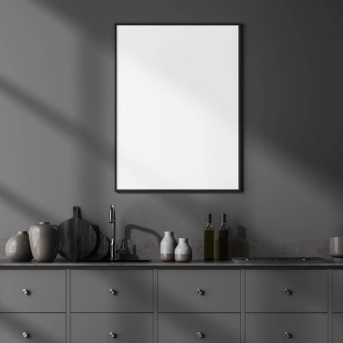 Gri raflı yemek odası, sobalı lavabo ve dekorasyonlu mutfak malzemeleri. Boş poster gri duvarda, 3 boyutlu, kimseyi göstermiyor.