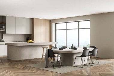 Bej mutfak seti, yuvarlak yemek masası, yan görüş, parke zeminde siyah sandalyeler, kırsal alanda şehir manzaralı pencere. Mutfak eşyaları ve bulaşıklar, 3 boyutlu, insan yok.