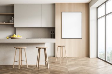 Masalı bej mutfak odası ve üç bar sandalyesi, ön manzara, parke zemin. Yemek pişirme seti, raflı ve raflı, kırsal pencereli. Boşluk tuval çerçevesini kopyala, 3D, kimseyi görüntüleme