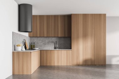 Şık tasarım ahşap ve mutfak odasının beton döşemesi. Ev dekorunun minimalist tarzı. 3d oluşturma