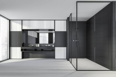 Cam duş kabini, çift lavabo tezgahı ve gümüş muslukları olan modern tasarım banyo. Gökdelenler şehir manzaralı panoramik pencere. Tahta parke ve siyah fayanslı duvarlar. 3d oluşturma.
