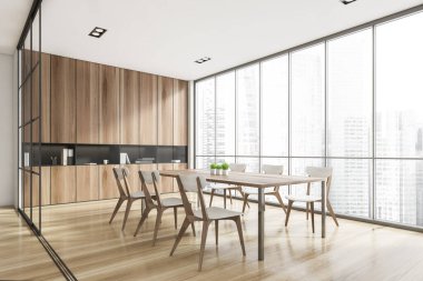 Panoramik pencereli modern toplantı odasının iç tasarımı. Çağdaş konferans masası ve sandalyeler. Şehir manzarası. Beyin fırtınası konsepti. Ahşap malzemeler. 3B görüntüleme