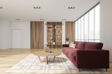 Şatafatlı, parlak bir oturma odası zarif mobilyaları ve kırmızı koltuğu olan bir ev. Modern tasarım ve mimari konsepti. Singapur şehir manzarası. Panoramik pencere. 3d oluşturma.