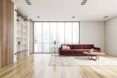 Şatafatlı, parlak bir oturma odası zarif mobilyaları ve kırmızı koltuğu olan bir ev. Modern tasarım ve mimari konsepti. Singapur şehir manzarası. Panoramik pencere. 3d oluşturma.