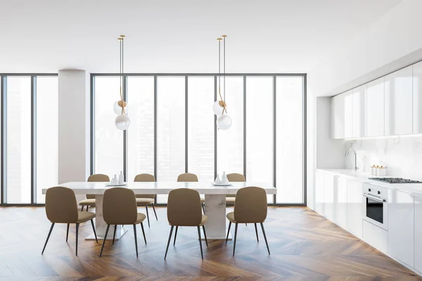 Interior Stylish Kitchen White Wooden Walls Wooden Floor White Countertops — Stock Photo, Image