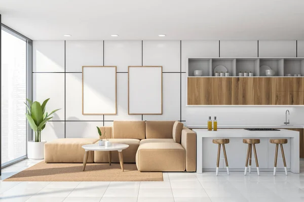 Cucina Minimalista Leggera Con Divano Ripiani Legno Tavolo Bar Sedie — Foto Stock