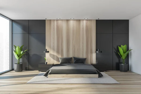 Dunkle Schlafzimmereinrichtung Mit Bett Und Kissen Parkettboden Und Pflanzen Kopierattrappe — Stockfoto