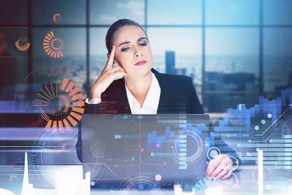 Office Woman Black Suit Thinking Looking Device Screen Double Exposure — Stock Photo, Image