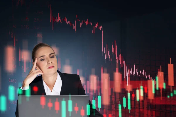 Woman Suit Sitting Thinking Looking Device Screen Stock Market Negative — Stock Photo, Image