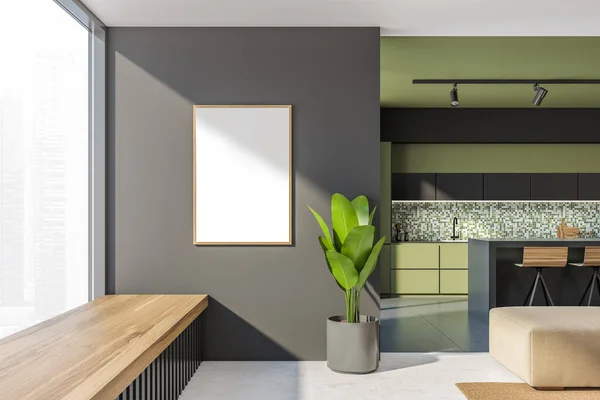 Interior Stylish Living Room Kitchen Green Gray Walls Concrete Floor — Stock Photo, Image