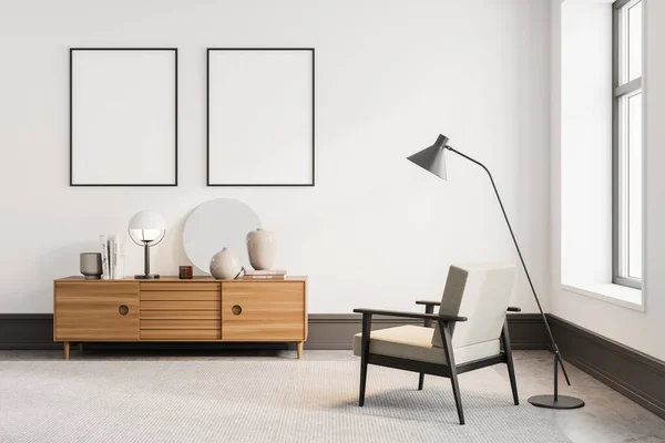 内饰时尚客厅 白色墙壁 混凝土地板 扶手椅和橱柜 背景为圆形镜子 两个垂直的模拟海报框架挂在上面 3D渲染 — 图库照片