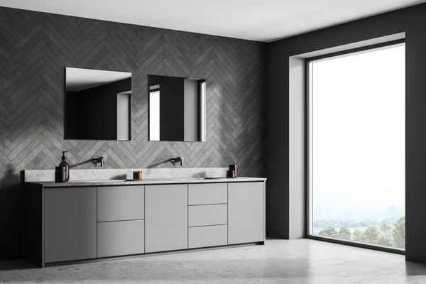 Spacious modern bathroom design interior in gray tones double sink vanity with square mirrors. Concrete flooring. Panoramic Window. 3d rendering