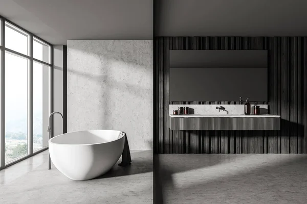 Grey Bathroom Interior White Tub Grey Wooden Sink Bath Accessories — Stock Fotó