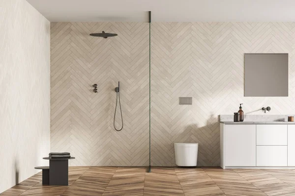 Amplio Baño Moderno Diseño Interior Tonos Madera Con Suelo Parquet —  Fotos de Stock