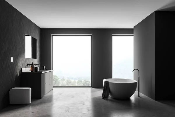 コンクリート床 自立浴槽 ダブルシンク虚栄心とグレートーンで広々とした現代的なバスルームのデザインインテリア パノラマの窓だ 3Dレンダリング — ストック写真