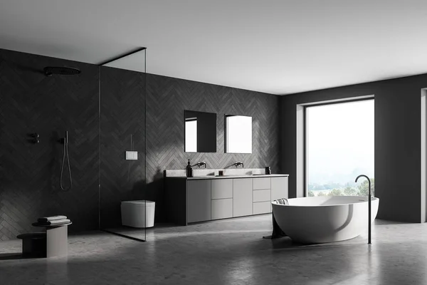 Spacious modern bathroom design interior in gray tones with concrete floor, freestanding tub, walk-in shower, double sink vanity. Panoramic window. 3d rendering