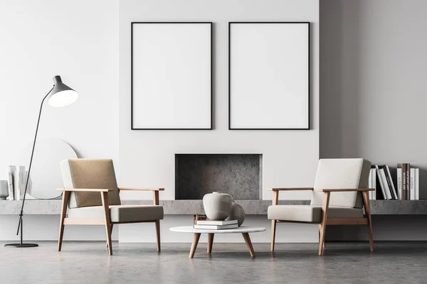 Helles Interieur Mit Zwei Sesseln Kamin Und Lampe Mit Couchtisch — Stockfoto