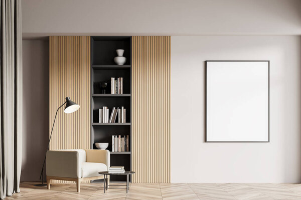 Interior of stylish living room, office lounge or home library with white walls, wooden floor, comfortable armchair and gray and wooden bookcase. Vertical mock up poster frame. 3d rendering
