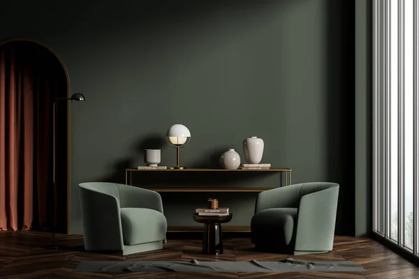 Classic dark green living room interior with wooden floor, two comfortable armchairs and cabinet with lamp and vases standing on it. Dark red curtain hanging in arched doorway. 3d rendering