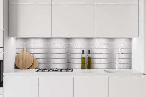 Close White Kitchen Cabinets Built Sink Cooker Cupboards Hanging Them — Stock Fotó