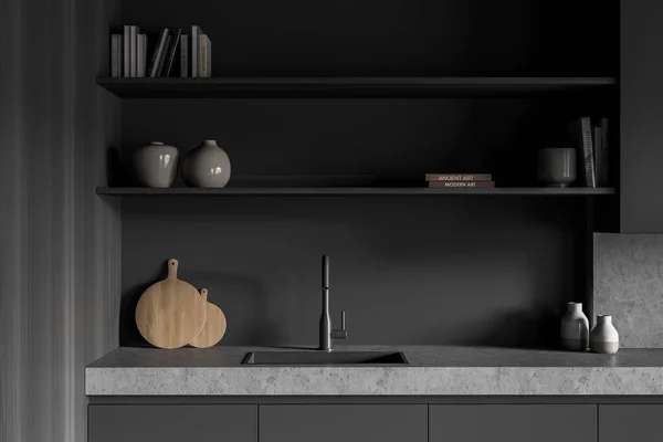 Dark Grey Kitchen Interior Minimalist Modern Cooking Room Appliances Decoration — Stock Photo, Image