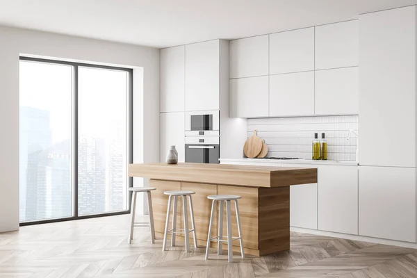 Angolo Cucina Elegante Con Pareti Bianche Pavimento Legno Confortevole Bar — Foto Stock