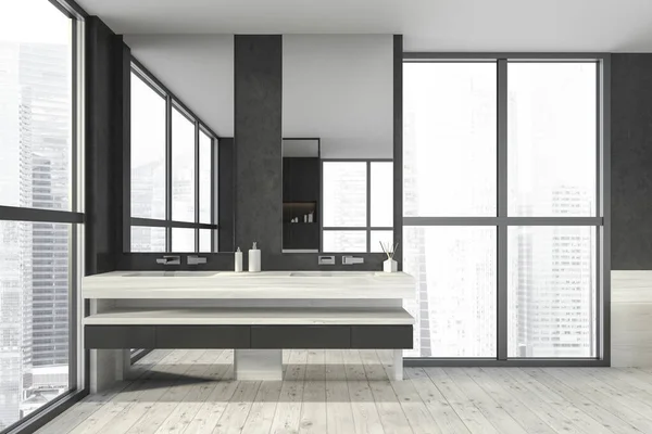 现代设计的浴室内部带有双水池台面 银制水龙头 全景窗户 摩天大楼俯瞰全城 木地板和黑色的墙壁 公共Wc洗手概念 3D渲染 — 图库照片