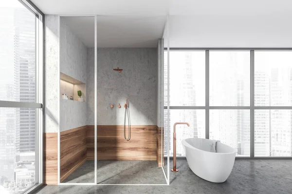 Modern Design Bathroom Interior Shower Cabin White Oval Bathtub Bronze — Stock Photo, Image