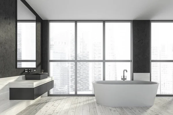 现代设计的浴室内部与白色椭圆形浴缸 黑色水槽 银色水龙头 全景窗户 摩天大楼俯瞰全城 木制和混凝土材料 3D渲染 — 图库照片