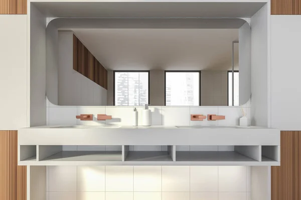 Interior Baño Diseño Moderno Con Encimera Doble Lavabo Grifos Bronce — Foto de Stock