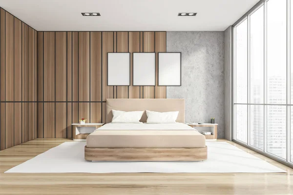 Modern Stijlvol Slaapkamerinterieur Met Houten Muren Parketvloer Master Bed Panoramisch — Stockfoto