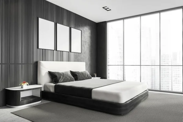 Modernes Stilvolles Schlafzimmer Mit Grauen Wänden Betonboden Doppelbett Und Panoramafenster — Stockfoto