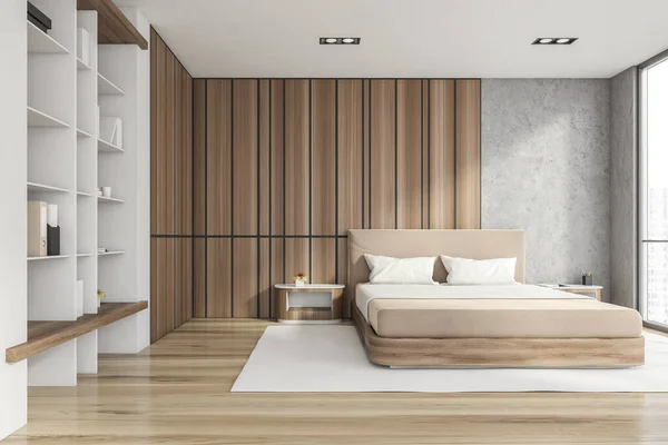 Moderne Stijlvolle Slaapkamer Interieur Met Houten Muren Parketvloer Master Bed — Stockfoto