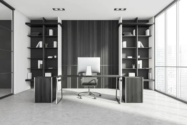 Interior Luxury Scandinavian Style Ceo Office White Wooden Walls Computer — Stock Photo, Image
