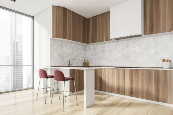Luxuoso Interior Cozinha Brilhante Com Mobiliário Elegante Dentro Espaçoso Apartamento — Fotografia de Stock