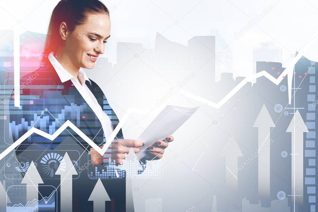 Office woman in suit, smiling studying business report, graph changes with bar chart and silhouettes of skyscrapers on background. Concept of growing market and analysis