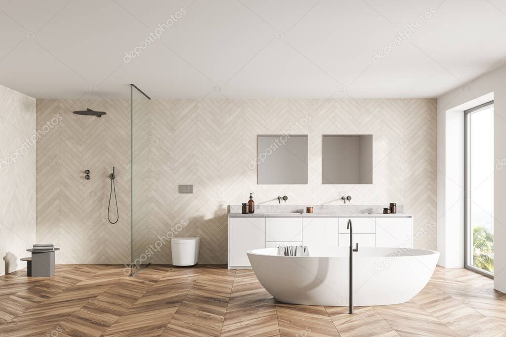 Spacious modern bathroom design interior in wood tones with parquet floor, freestanding tub, walk-in shower, double sink vanity. Panoramic window. 3d rendering