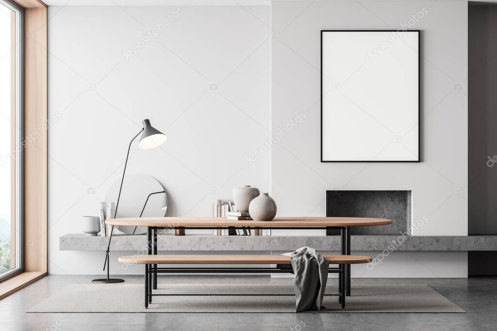 Light art room interior with fireplace, wooden table with bench on carpet, grey concrete floor. Mockup blank frame in guest room near window, books and decoration, 3D rendering