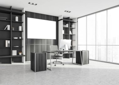 Beyaz ve ahşap duvarları, bilgisayar masası ve iki kitaplığı olan İskandinav tarzı CEO ofisinin köşesi. Bulanık şehir manzaralı panoramik pencere. Yatay maket posteri. 3d oluşturma
