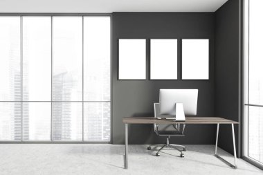 Minimalist İskandinav tarzı CEO ofisinin içinde gri duvarlar, beton zemin, bilgisayar masası ve üç tane poster var. Bulanık şehir manzaralı panoramik pencere. 3d oluşturma