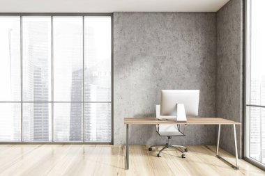 Taş duvarları, ahşap zemini, bilgisayar masası ve bulanık şehir manzaralı panoramik pencereli minimalist İskandinav tarzı CEO ofisi. 3d oluşturma
