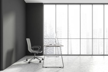 Minimalist İskandinav tarzı CEO ofisi gri duvarlar, beton zemin, bilgisayar masası ve bulanık şehir manzaralı panoramik pencere. 3d oluşturma