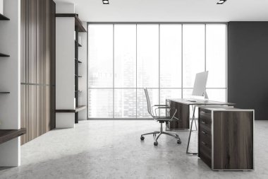 Beyaz ve ahşap duvarları, bilgisayar masası ve iki kitaplığı olan İskandinav tarzı CEO ofisinin yan görüntüsü. Bulanık şehir manzaralı panoramik pencere. 3d oluşturma