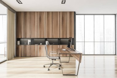 İskandinav tarzı CEO ofisinin taş, ahşap duvarlar, bilgisayar masası ve kitaplığı. Bulanık şehir manzaralı panoramik pencere. 3d oluşturma